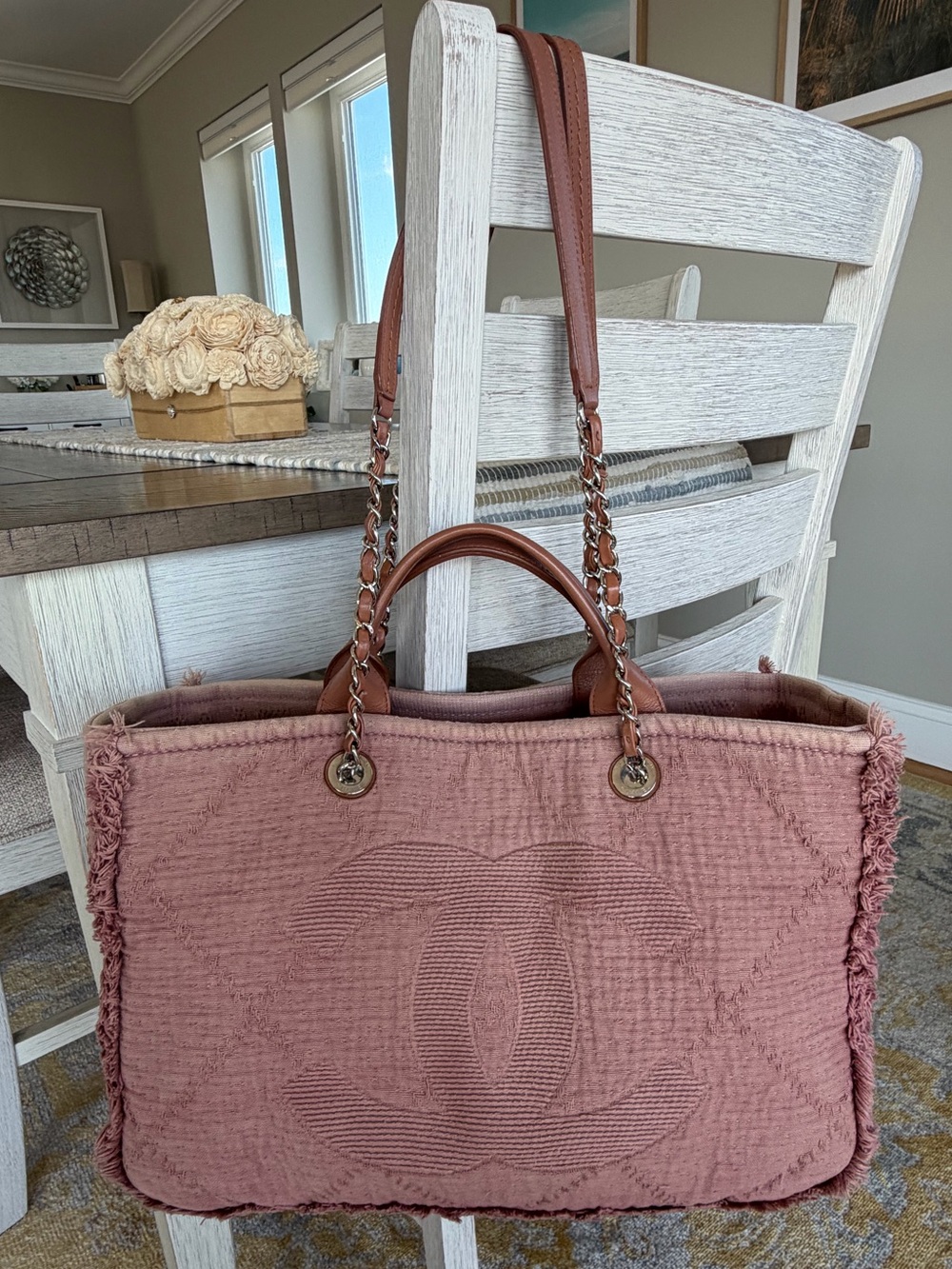 CHANEL Double Face Deauville Fringe Quilted Canvas Medium Tote Bag in Dusty Rose